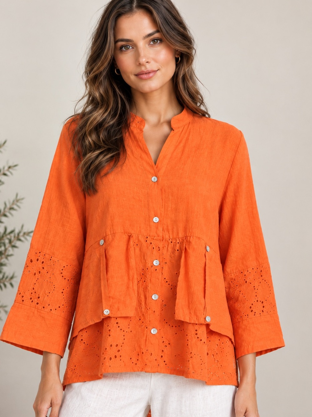 Made in Italy Linen Orange Eyelet Button-Up Tunic Top